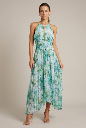Women's Tropical Print Halter Keyhole Tie Waist Maxi Dress