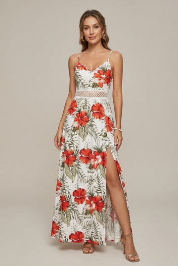 Women's Floral Maxi Dress Spaghetti Strap Crochet Waist