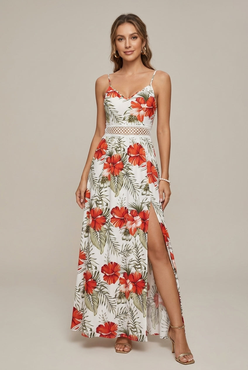 Women's Floral Maxi Dress Spaghetti Strap Crochet Waist