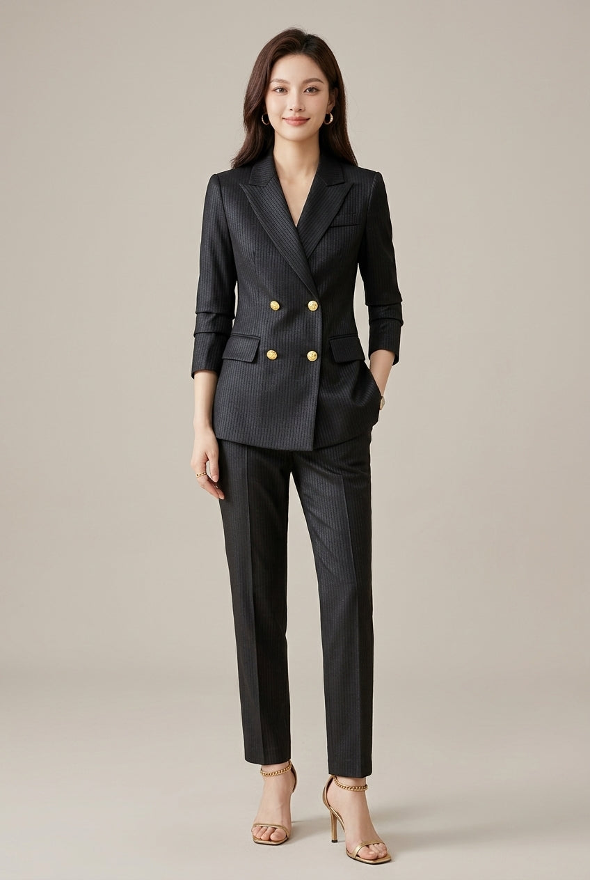 Women’s Double Breasted Textured Suit Set with Tailored Blazer and Slim Trousers Elegant Workwear Style