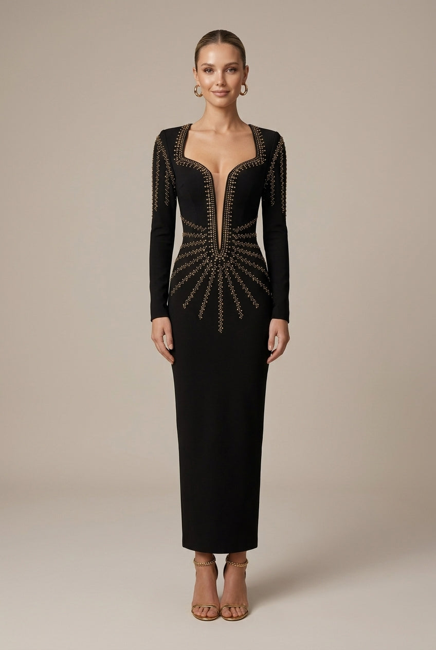 Women's Square Neck Long Sleeve Formal Evening Gown Maxi Dress