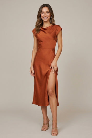 Women's Twist Back Midi Dress - Cap Sleeve - Boat Neckline - Side Slit