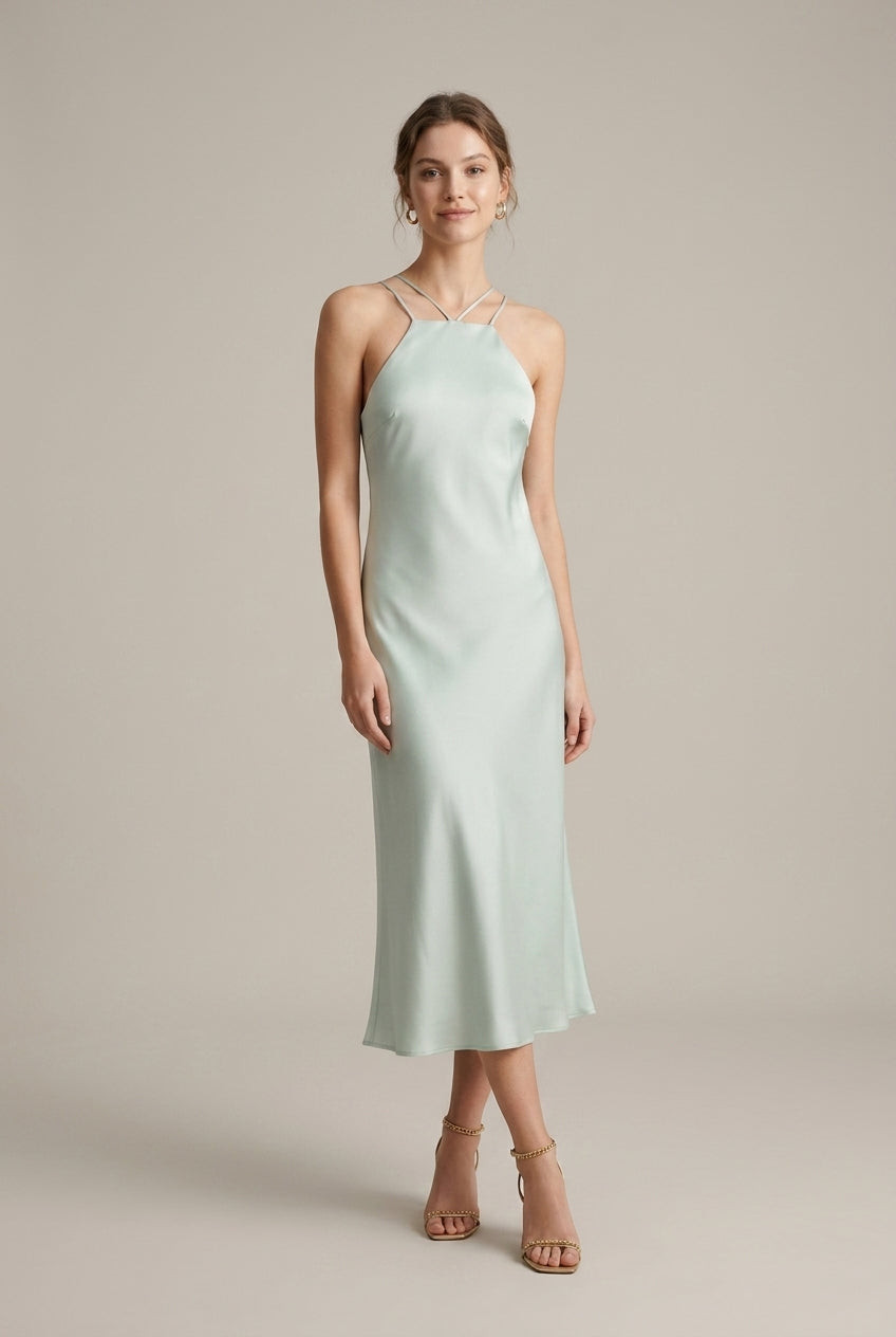 Women's Satin Halter Neck Backless Slip Maxi Dress