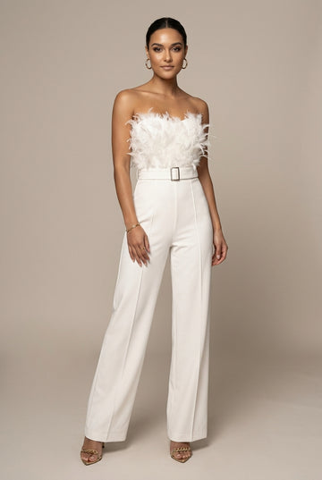 Women's Strapless Feather Detail Belted Wide Leg Jumpsuit