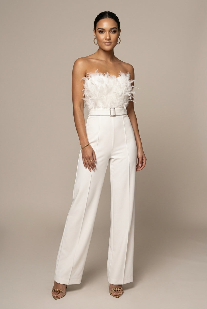 Women's Strapless Feather Detail Belted Wide Leg Jumpsuit