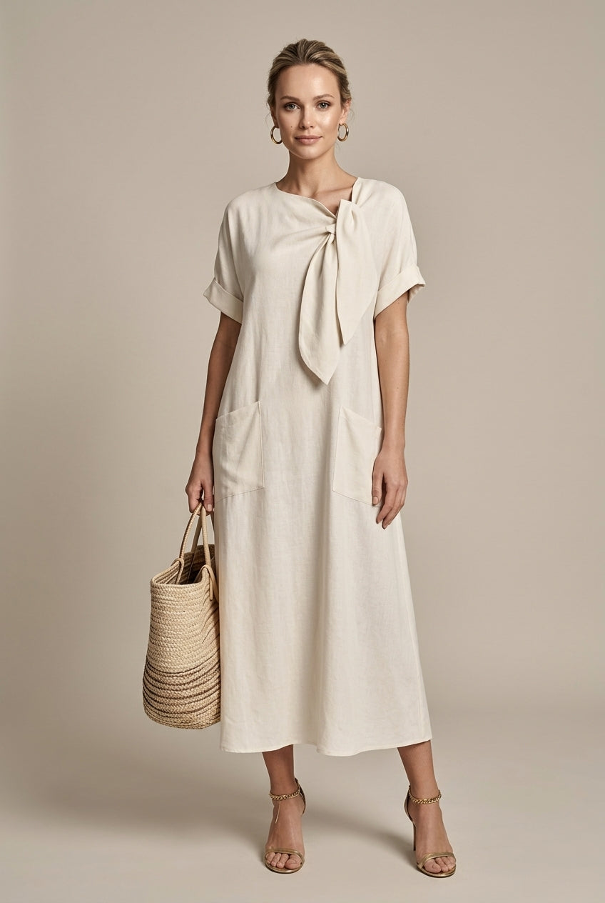 Women's Linen Maxi Dress Tie Front