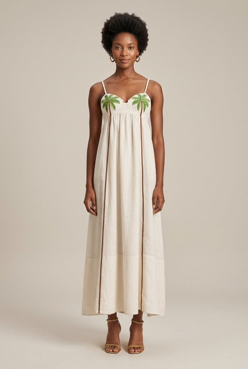 Women's White Palm Tree Print Slip Maxi Dress - Spaghetti Strap