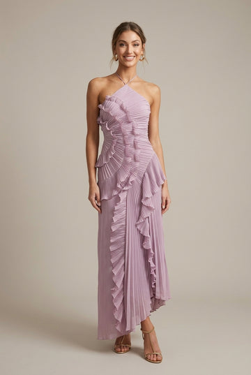 Women's Halter Ruffle Pleated Maxi Dress - Cross Back Straps