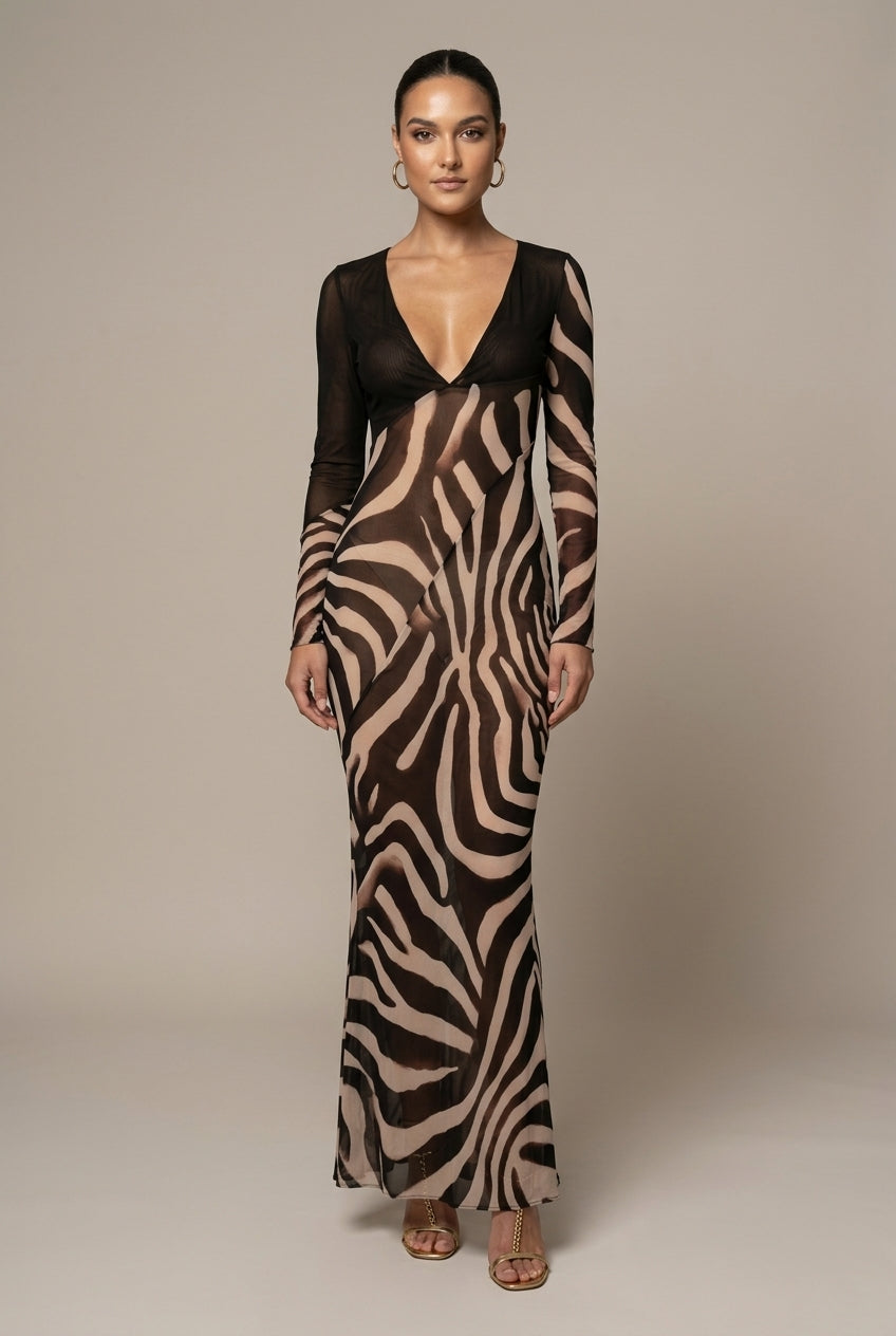 Women's V-Neck Zebra Print Party Dress