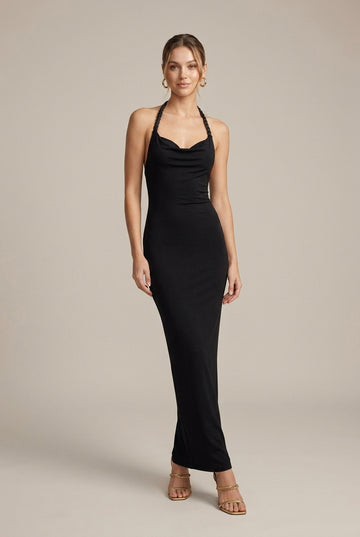 Women's Halter Neck Backless Maxi Dress - Ruched Bodycon - Open Back