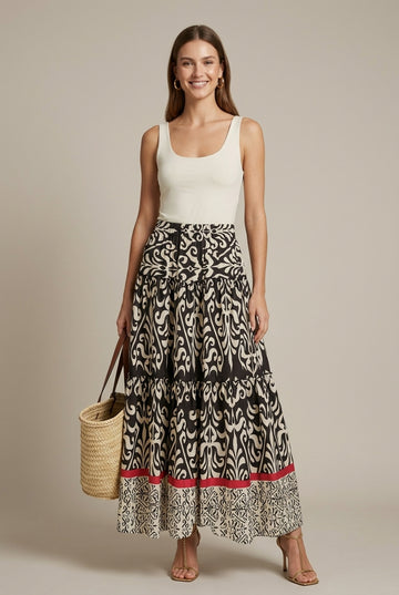 Women's Printed Tiered Maxi Skirt with Elasticated Waist