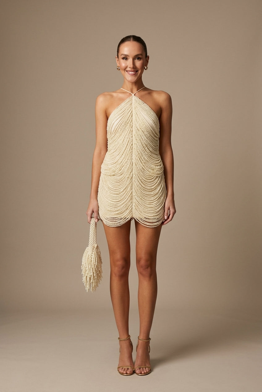 Women's Halter Neck Mini Dress - Beaded Fringe Detail - Sequin Embellished Bodycon