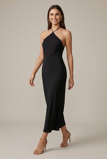 Women's Halter Neck Satin Maxi Dress with Open Back Detail