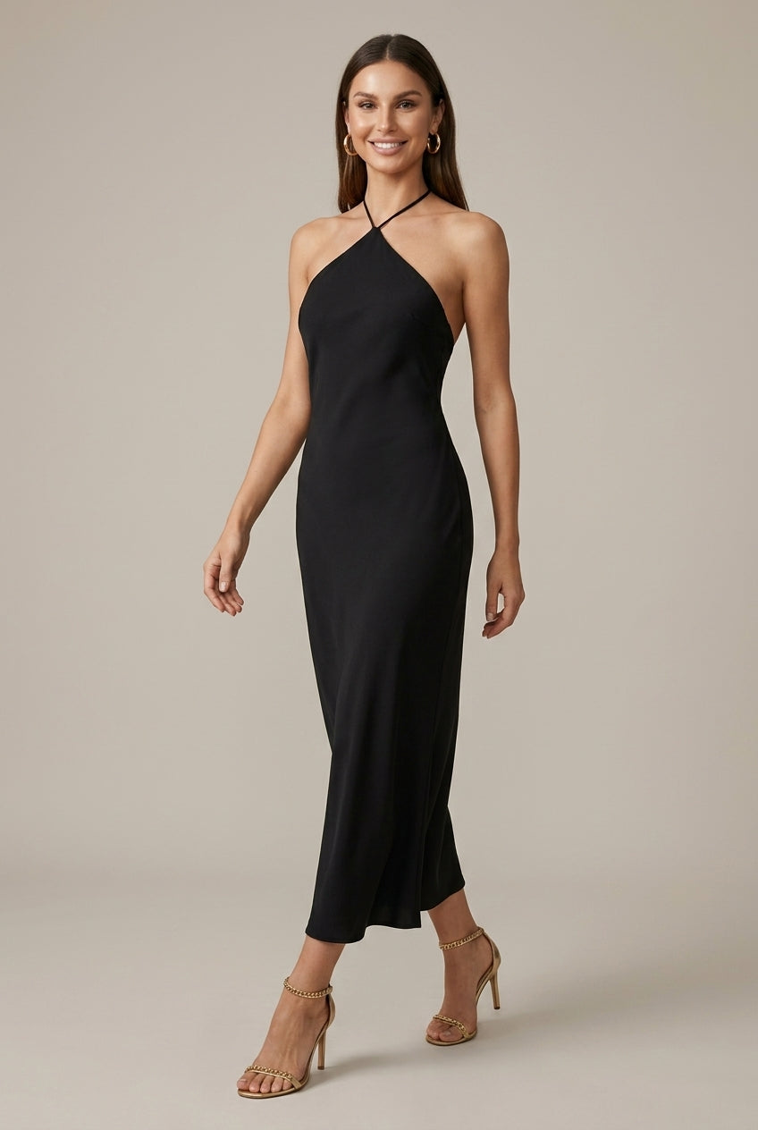 Women's Halter Neck Satin Maxi Dress with Open Back Detail