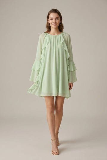 Women's Light Green Tiered Ruffle Long Sleeve Mini Dress