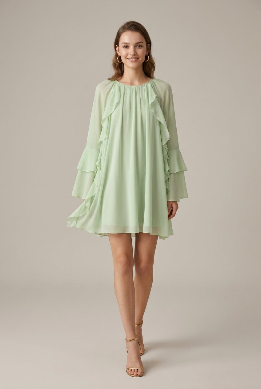Women's Light Green Tiered Ruffle Long Sleeve Mini Dress