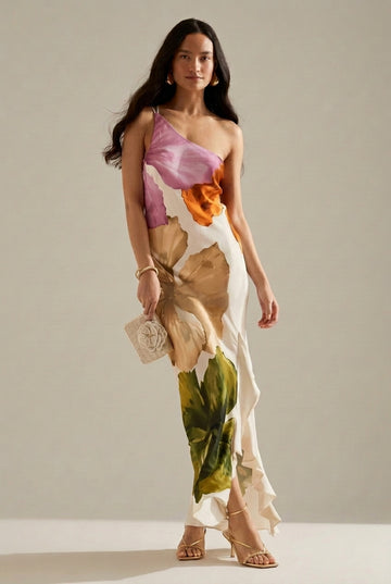 Women's Floral One Shoulder Ruffle Hem Maxi Dress