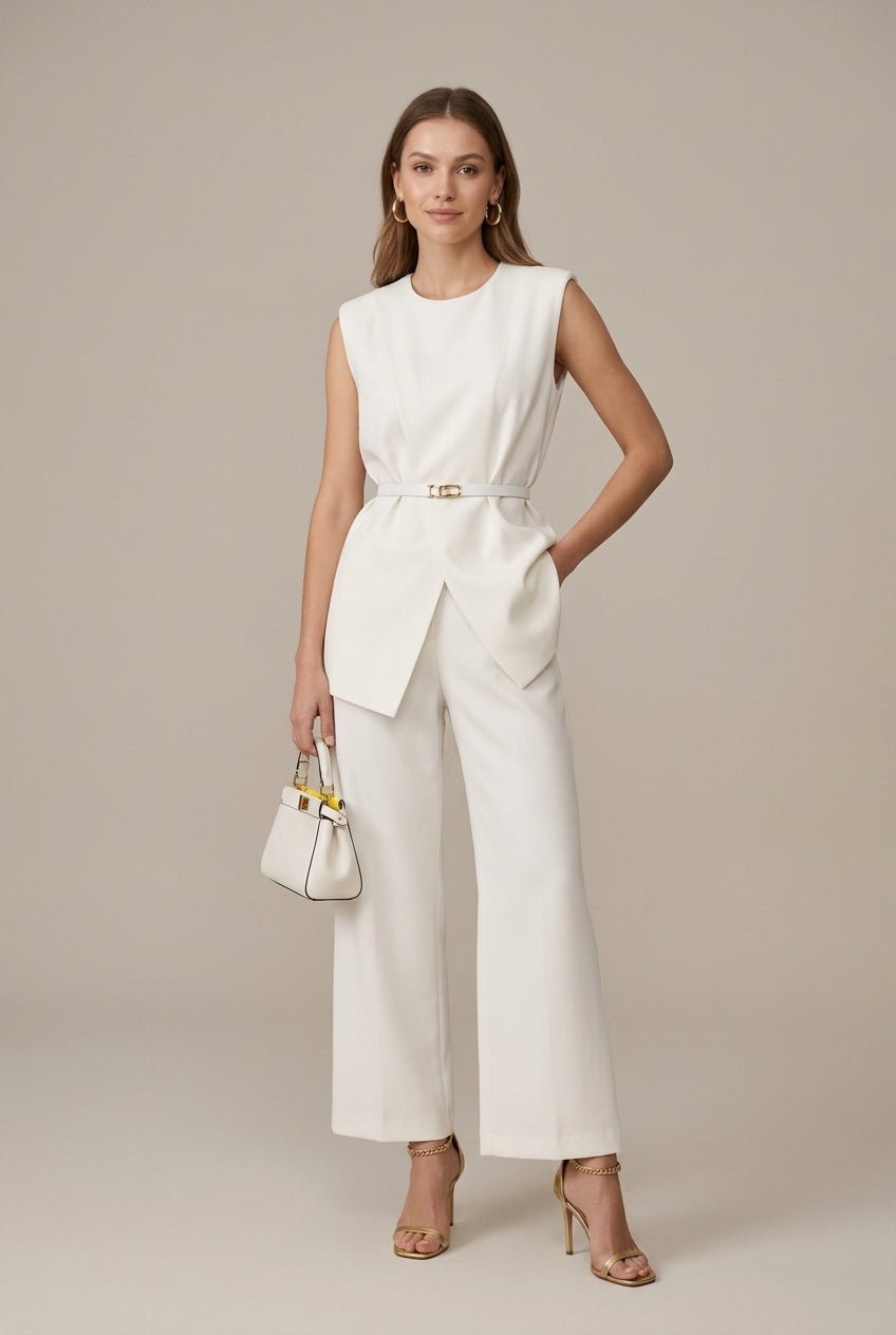 Women's Sleeveless Round Neck Top - Wide Leg Pants Two Piece Set