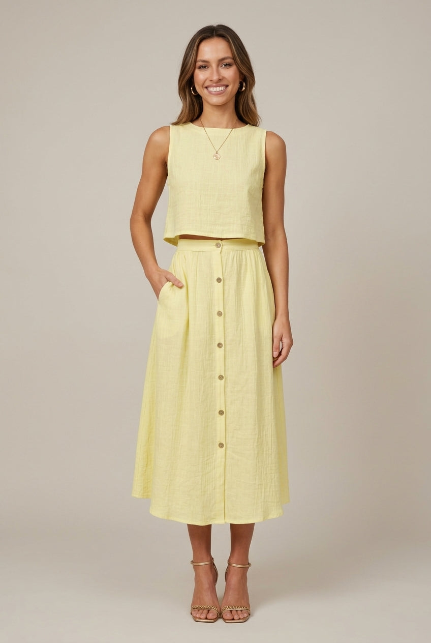 Women's Linen Two-Piece Skirt Set Sleeveless Crop Top