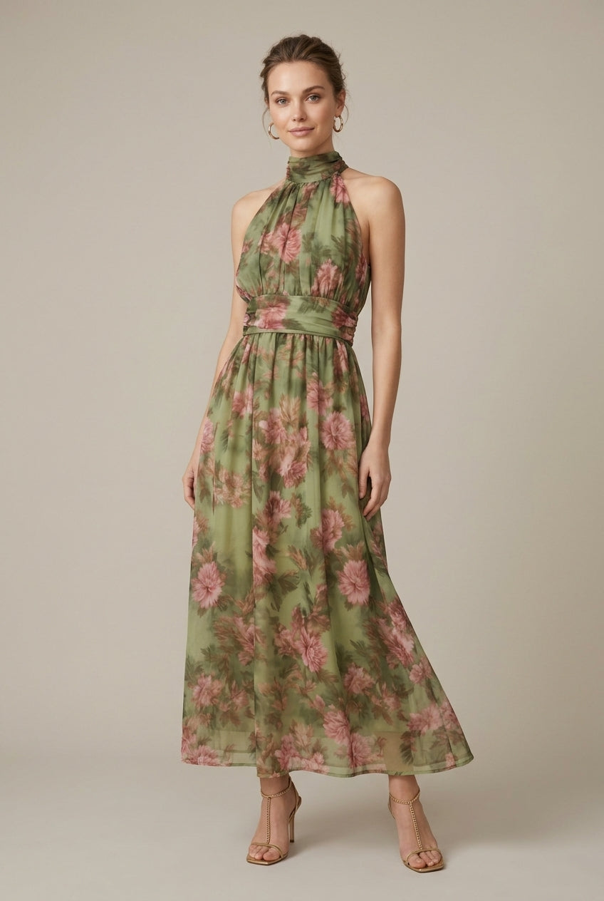 Women's Floral Chiffon Halter Maxi Dress - Wrap Waist Sleeveless