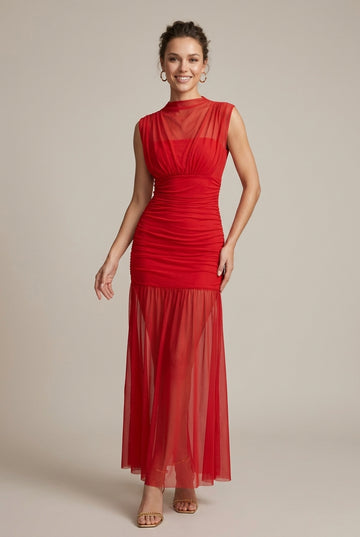 Women's Sleeveless Ruched Drop Waist Maxi Dress - Crew Neck