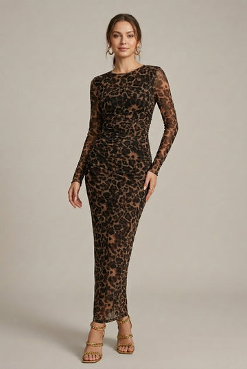 Women's Leopard Print Long Sleeve Ruched Bodycon Maxi Dress