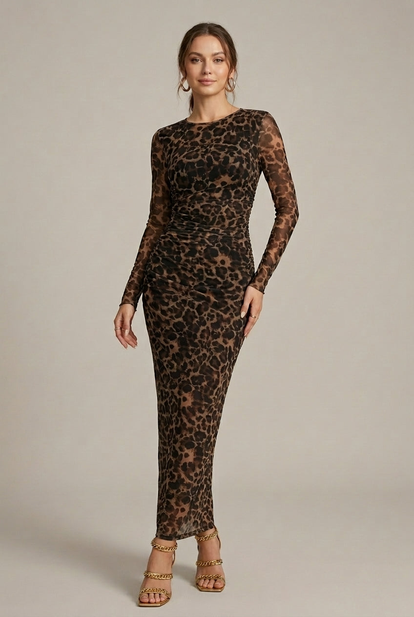 Women's Leopard Print Long Sleeve Ruched Bodycon Maxi Dress