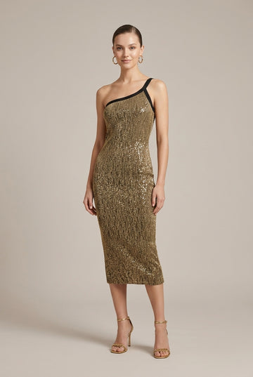 Women's Single Shoulder Metallic Thread Sequined Cocktail Midi Dress