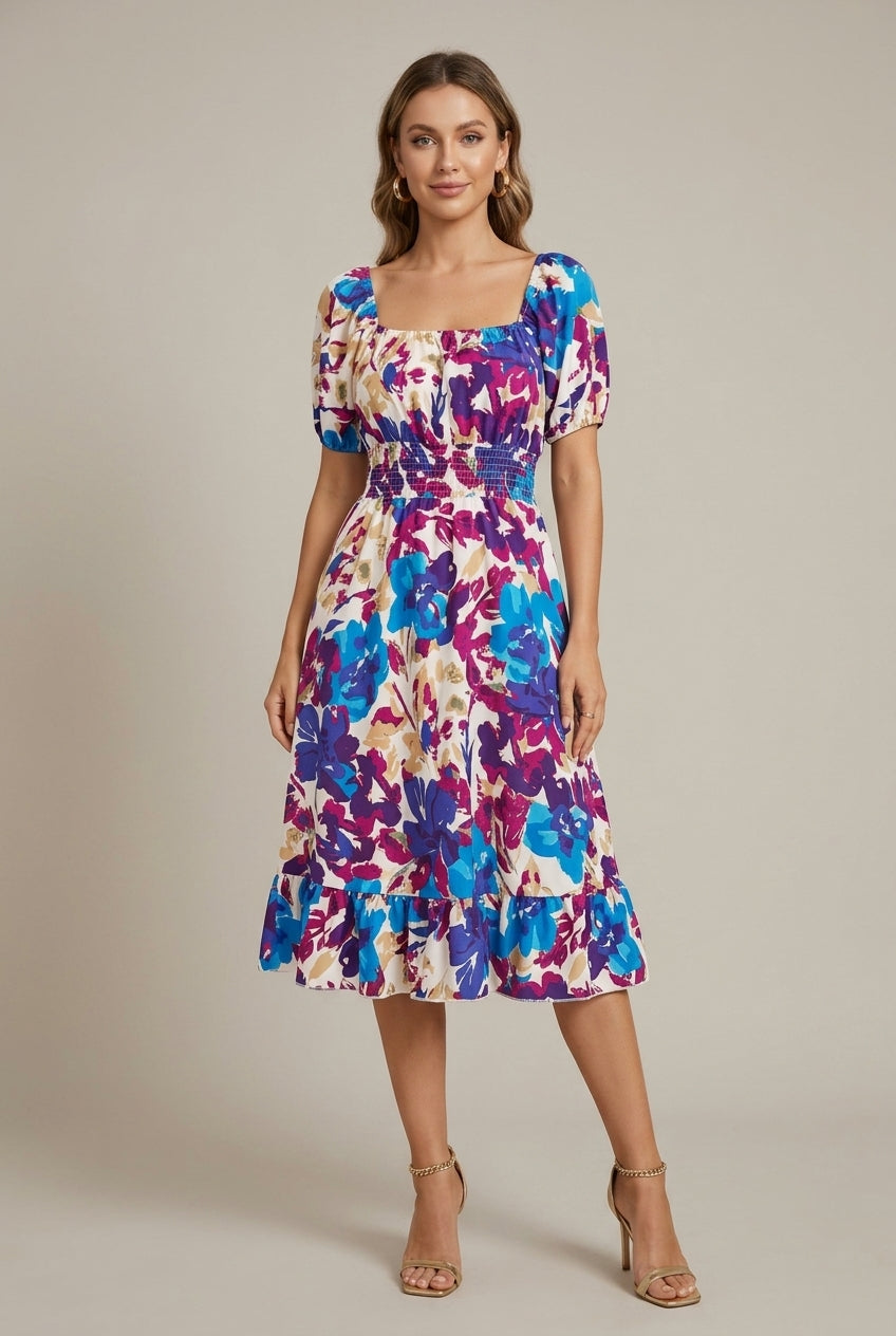 Women's Off Shoulder Floral Midi Dress - Puff Sleeve - Smocked Waist - Thigh Slit