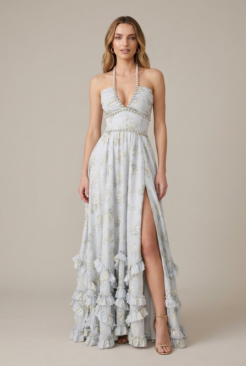 Women's Floral Halter Maxi Dress - V-Neck - Front Slit
