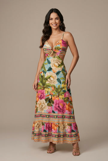 Women's Bohemian Floral Print Spaghetti Strap V-Neck Maxi Dress