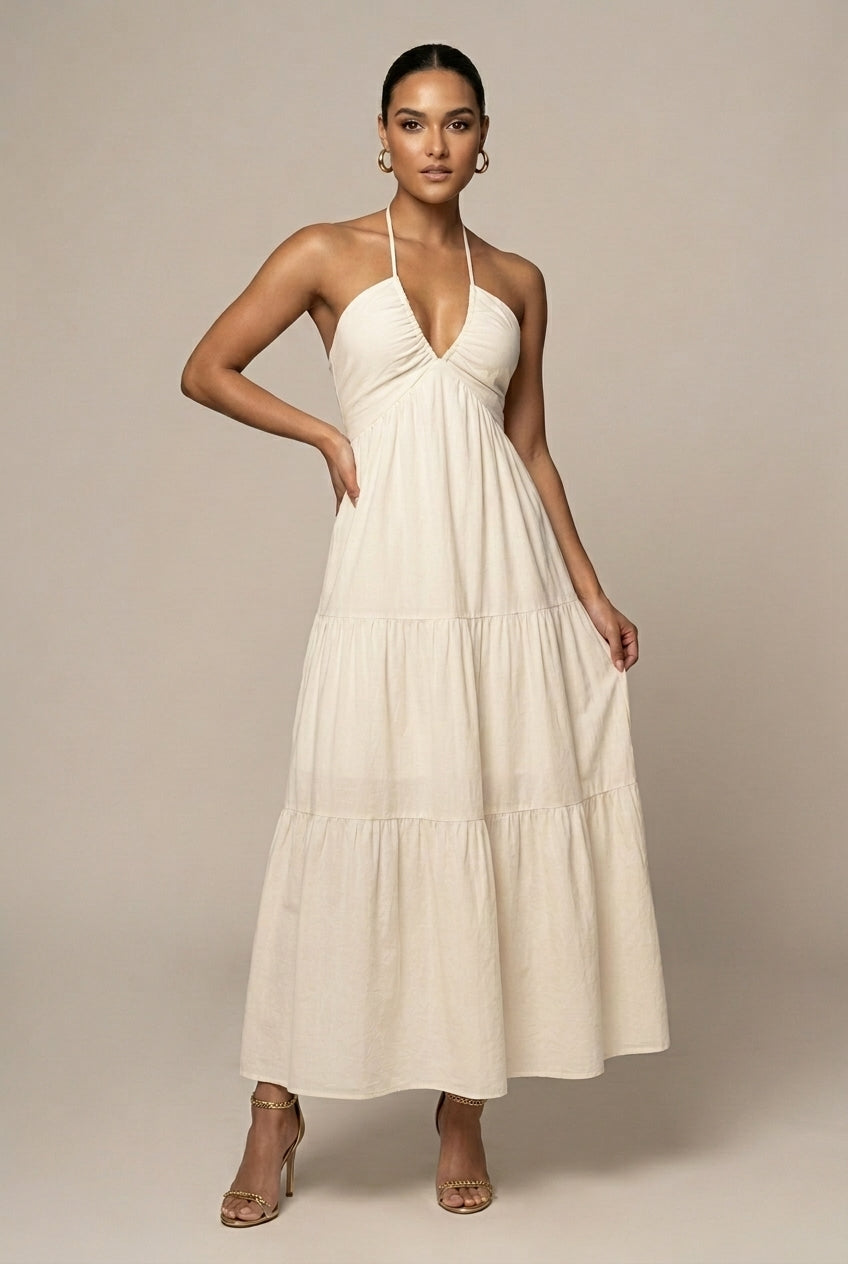 Women's Halter Neck Maxi Dress - Flowy Tiered Skirt with Bow Back
