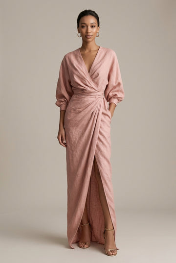 Women's Elegant Wrap Maxi Dress - Balloon Long Sleeves