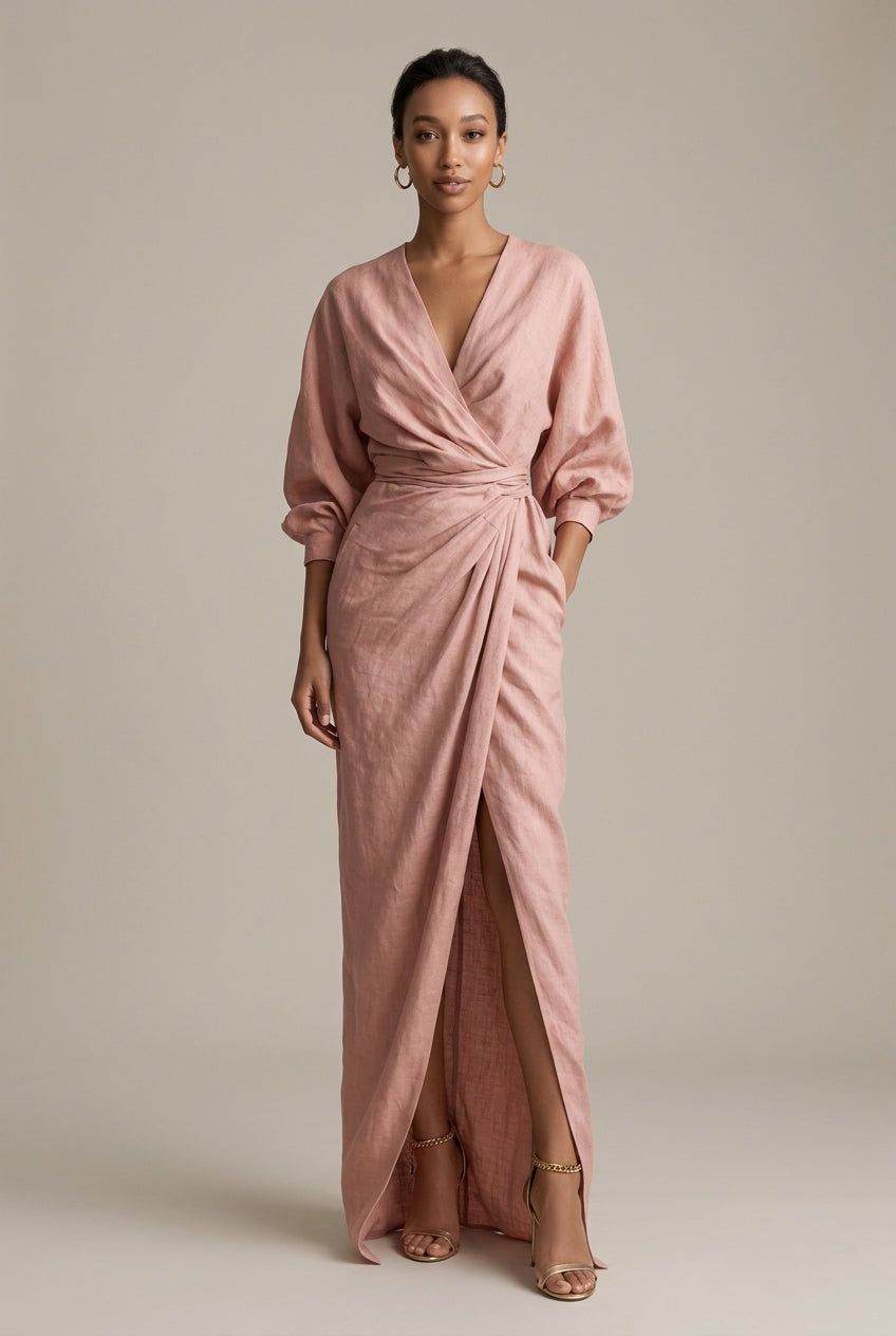 Women's Elegant Wrap Maxi Dress - Balloon Long Sleeves