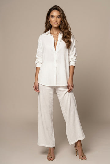 Women's Two-Piece Set Button-Front Shirt Wide Leg Pants