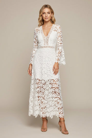 Women's Wedding Guest Lace Long Sleeve V-Neck Maxi Dress with Flared Hem