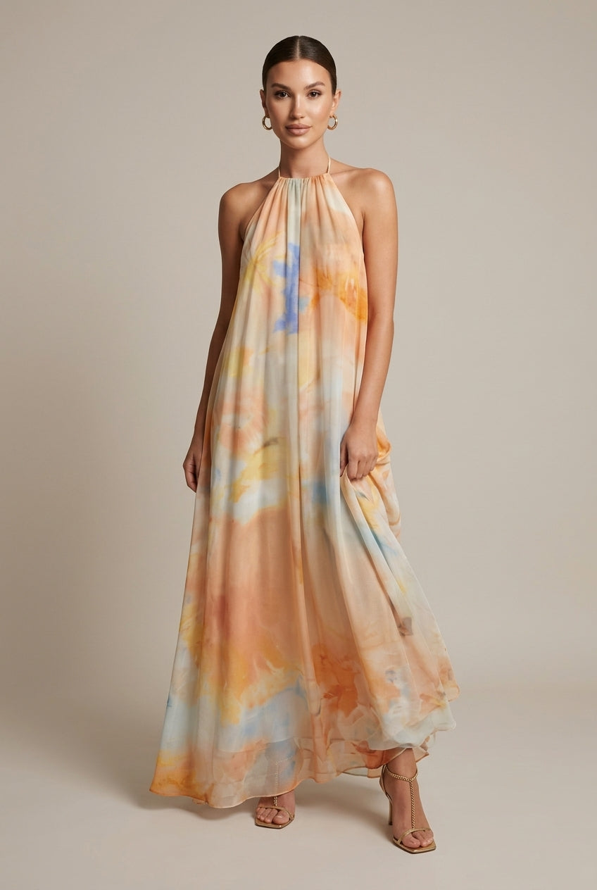 Women's Peach Halter Neck Backless Maxi Dress