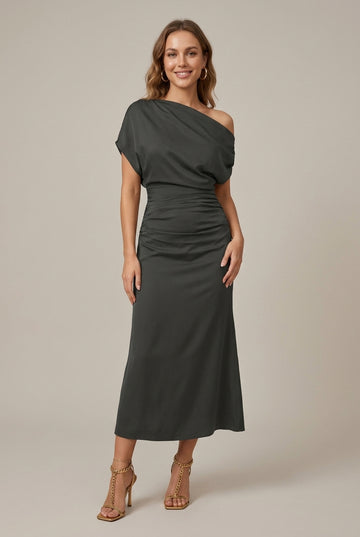 Women's Off Shoulder Asymmetrical Sleeve Side Split Midi Dress