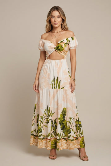Women's Off Shoulder V Neck Print Cut Out Long Sleeve Maxi Dress