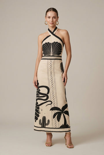 Women's Cross Neck Tropical Print Sleeveless Maxi Dress