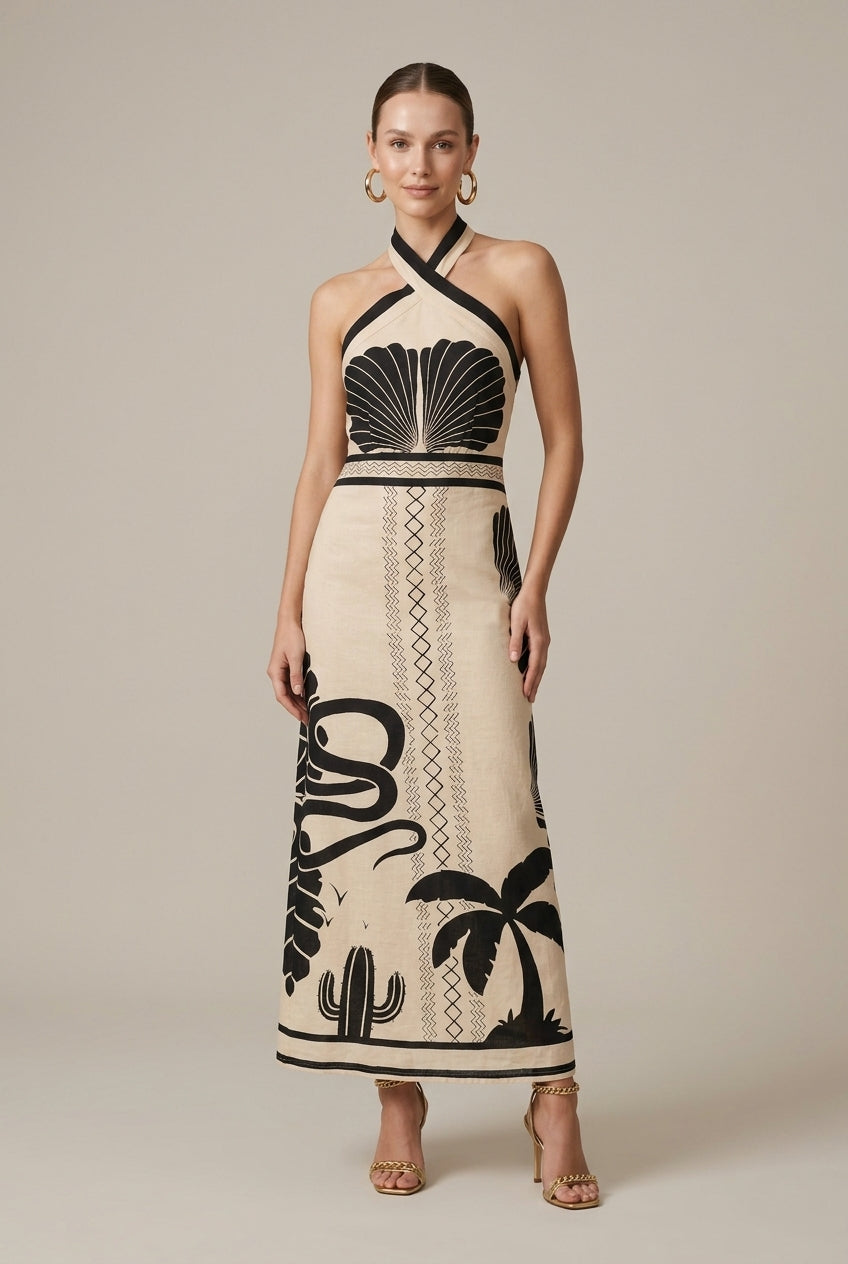 Women's Cross Neck Tropical Print Sleeveless Maxi Dress