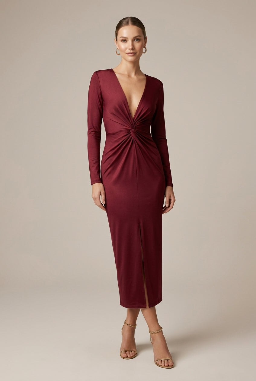 Women's Maxi Dress Deep V-Neck Long Sleeve Twist Knot High Slit