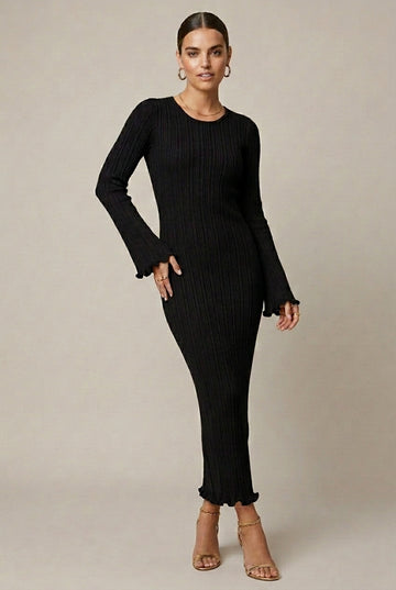Women's Long Sleeve Ribbed Knit Maxi Dress with Open Back