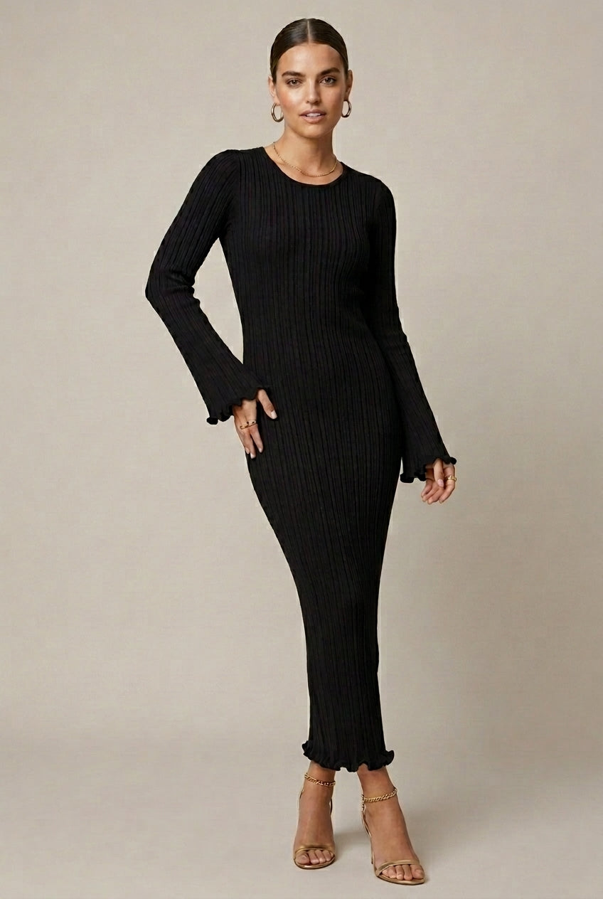 Women's Long Sleeve Ribbed Knit Maxi Dress with Open Back