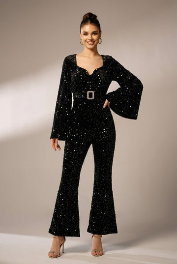 Women's Sequin V-Neck Long Sleeve Flared Leg Jumpsuit