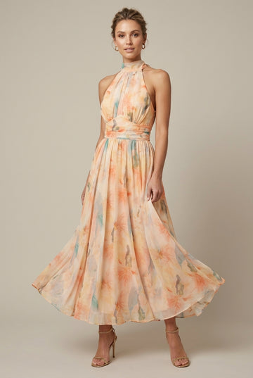 Women's Floral Halter Neck Maxi Dress - Tie Back - Wedding Guest