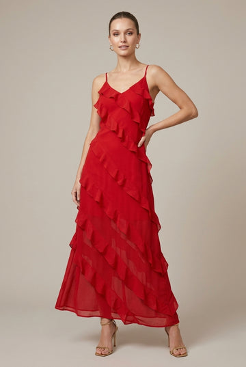 Women's Ruffle Detail Spaghetti Strap V-Neck Maxi Dress