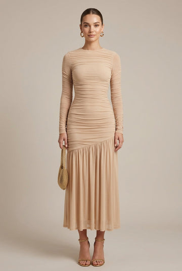 Women's Long Sleeve Ruched Drop Waist Midi Dress - Crew Neck