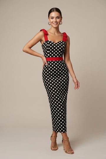 Women's Polka Dot Sweetheart Bodycon Maxi Dress - Bow Strap Detail