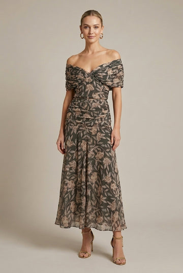 Women's Black Floral Midi Dress V-Neck - Off Shoulder